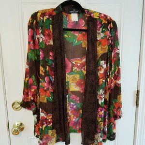 Vtg Kimono Tropical Parrot Havana Open Rayon Sz 12P Boho Artsy Resortwear Bird
